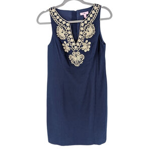 Lilly Pulitzer Womens Sleeveless Shift Dress 100% Cotton Navy Blue Gold Anchor 4